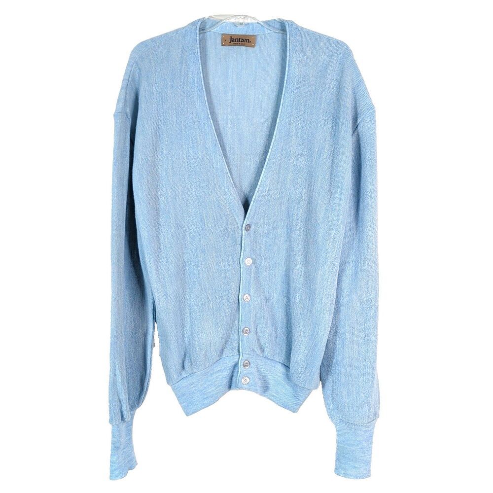 Jantzen Sky Blue Grandpa Cardigan Sweater Vintage Men Size Large Made in USA